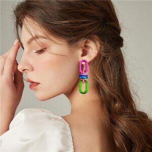 Two-Tone Chain Link Dangle Hoop Earrings – Bold Colorful Statement Jewelry
